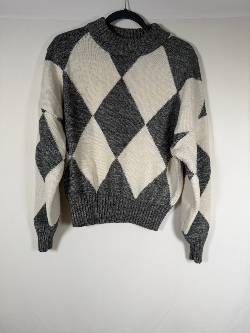 Pringle of Scotland x H&M Grey and Cream Argyle Knit Sweater Preppy, Old Money
